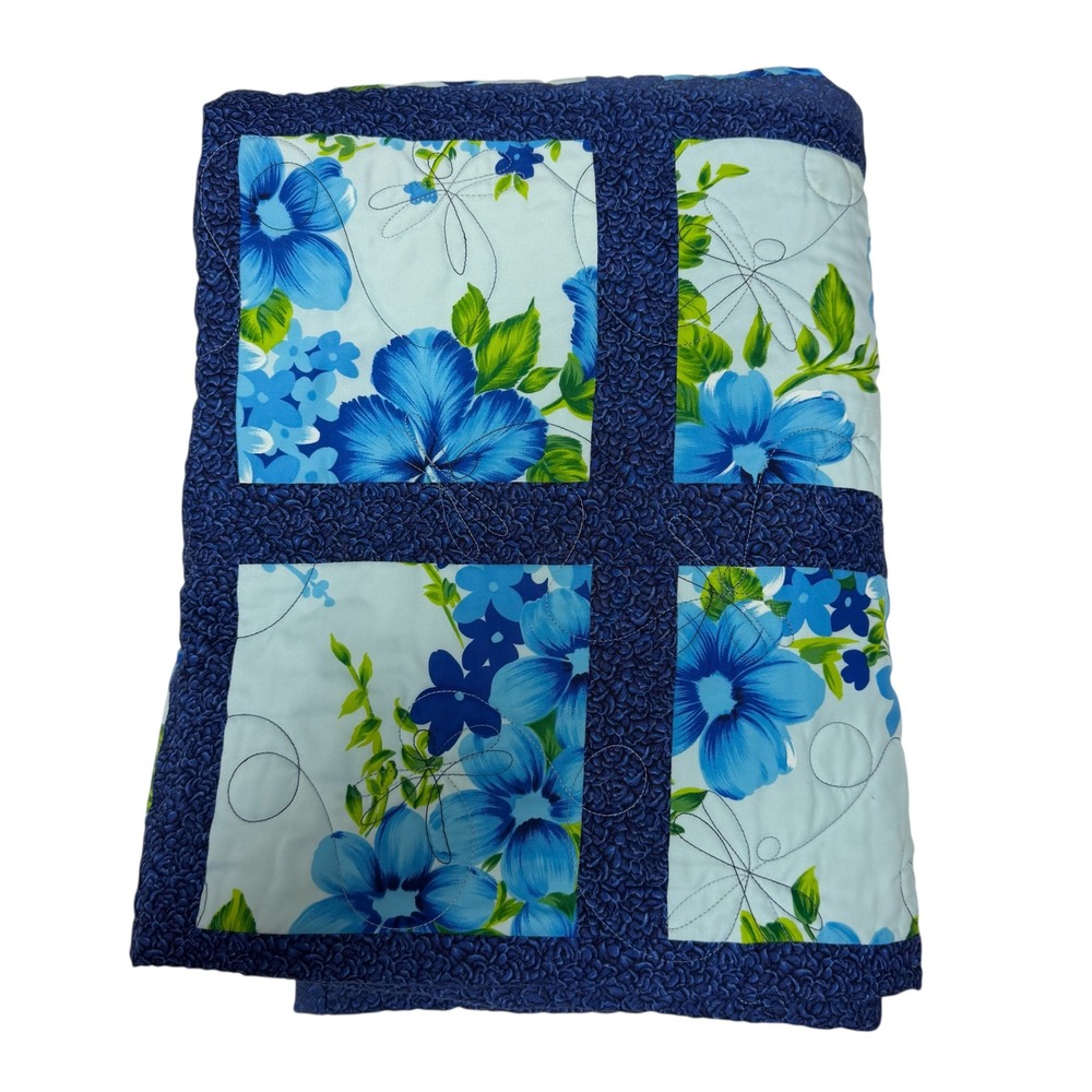 VTG Handmade Blue Floral Hibiscus Patchwork‎ Quilt Navy Tropical Coastal Blanket